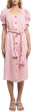 English Factory Puff Sleeve Button Front Linen Dress