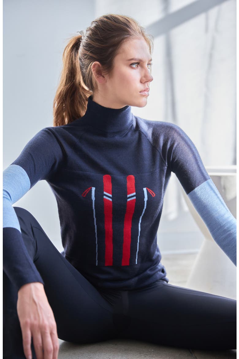 MERINO MOCK NECK SKI SWEATER, Alternate, color, NAVY WITH RED, LIGHT BLUE TRIM