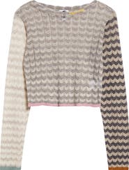 YanYan Tong Chevron Stripe Pointelle Stitch Crop Sweater