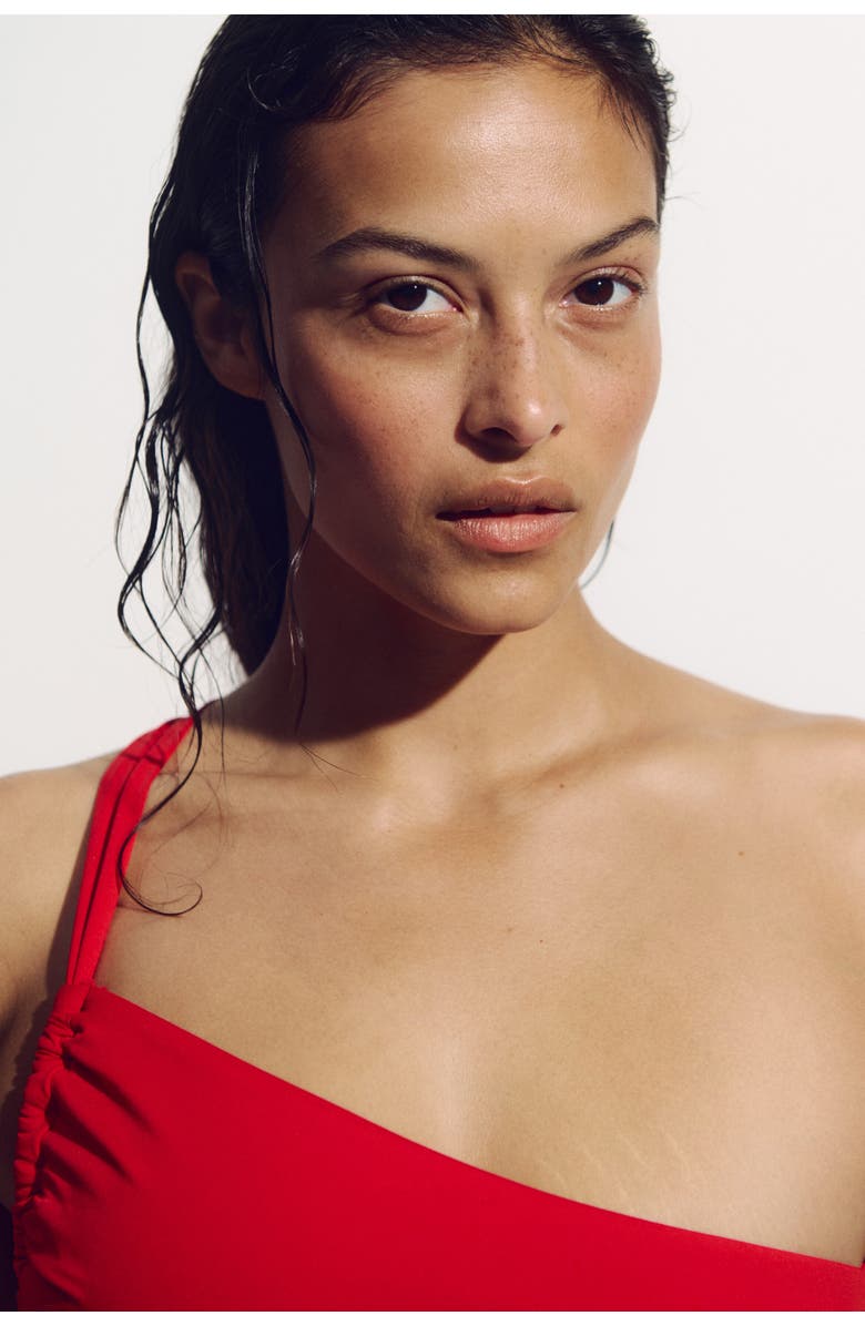 H&M One-shoulder Cut-out Swimsuit, Alternate, color, Bright Red