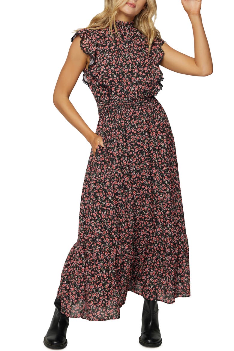 Rose Garden Smocked Waist Maxi Dress, Main, color, BLACK PINK FLORAL