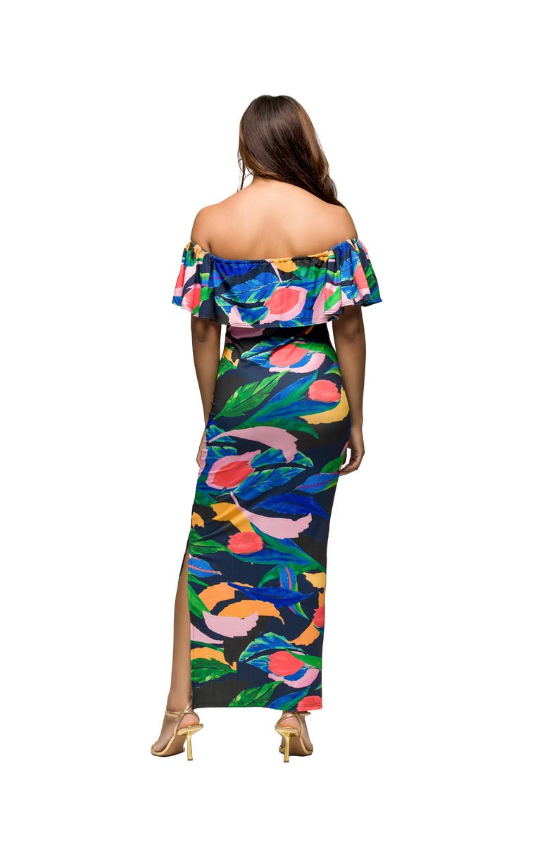24seven Comfort Apparel Maternity Off Shoulder Multicolor Print Side Slit Maxi Dress, Alternate, color, Blue Multi