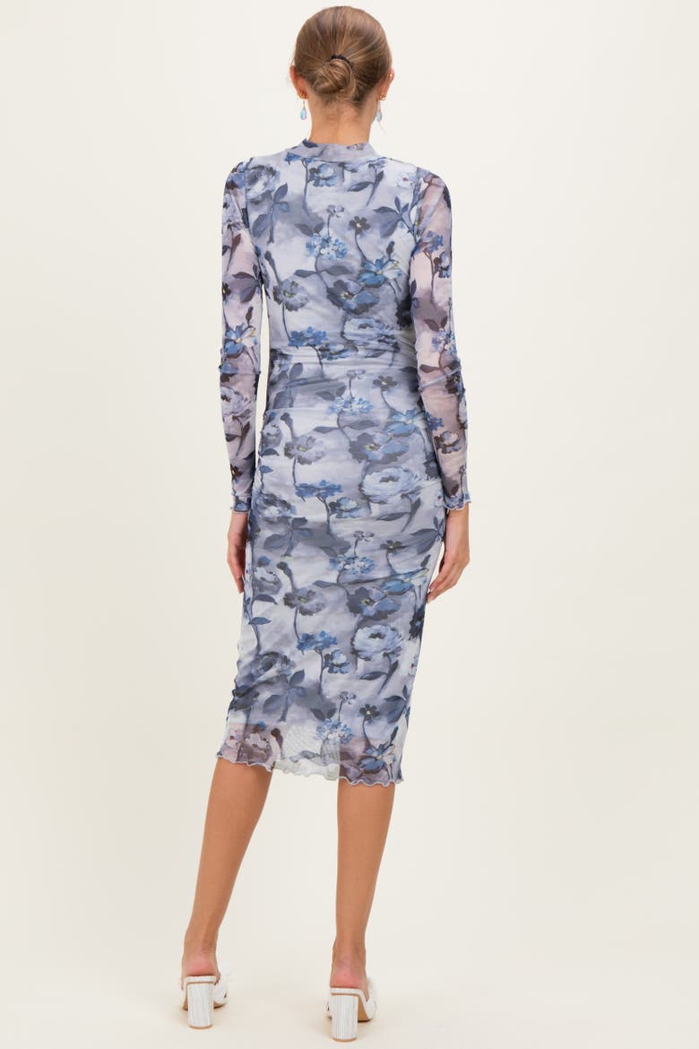 Floral Mesh Long Sleeve Midi Dress, Alternate, color, Blue