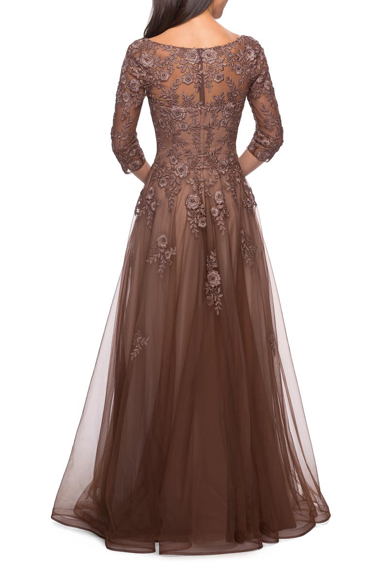 A-line Tulle Gown with Floral Lace Detail and V-Neck, Alternate, color, COCOA