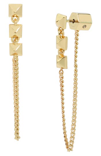 Allsaints Pyramid Charm Draped Chain Front/back Earrings In Gold
