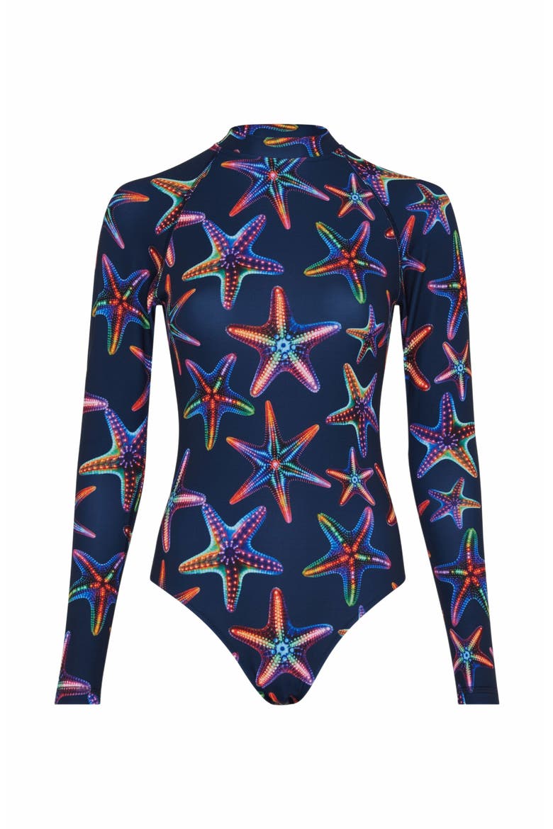 Women's Disco Stars UV Protection One-Piece Rashguard, Alternate, color, BLEU MARINE
