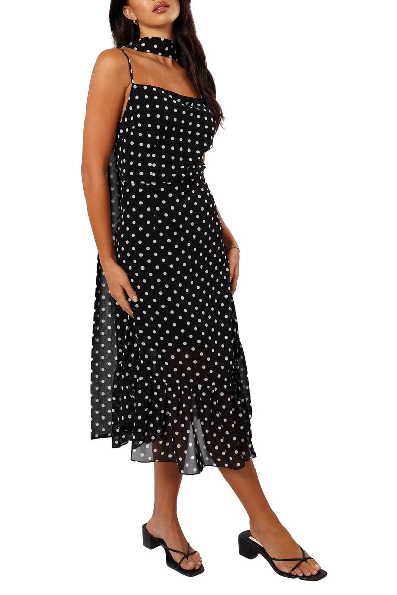 Francesca Dot Midi Dress & Scarf, Alternate, color, BLACK POLKA DOT