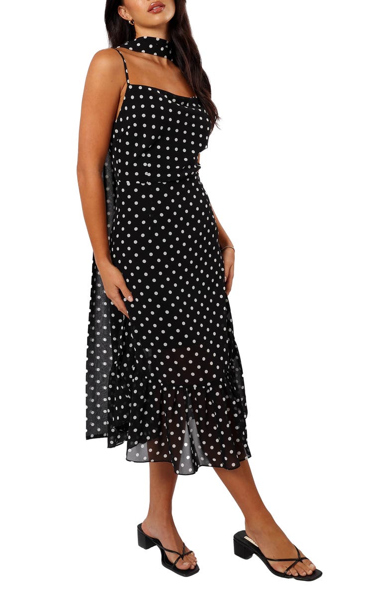 Petal & Pup Francesca Dot Midi Dress & Scarf, Alternate, color, Black Polka Dot