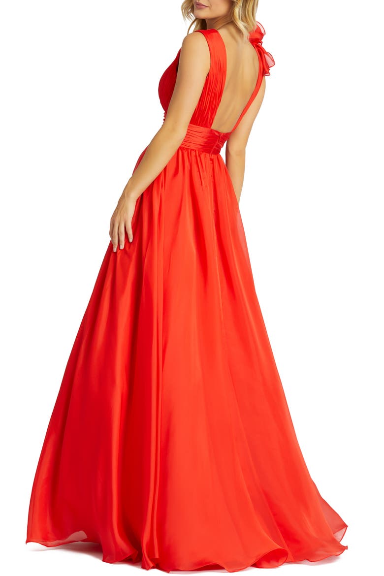 Ruffle Shoulder V-Neck Chiffon Gown, Alternate, color, CHERRY
