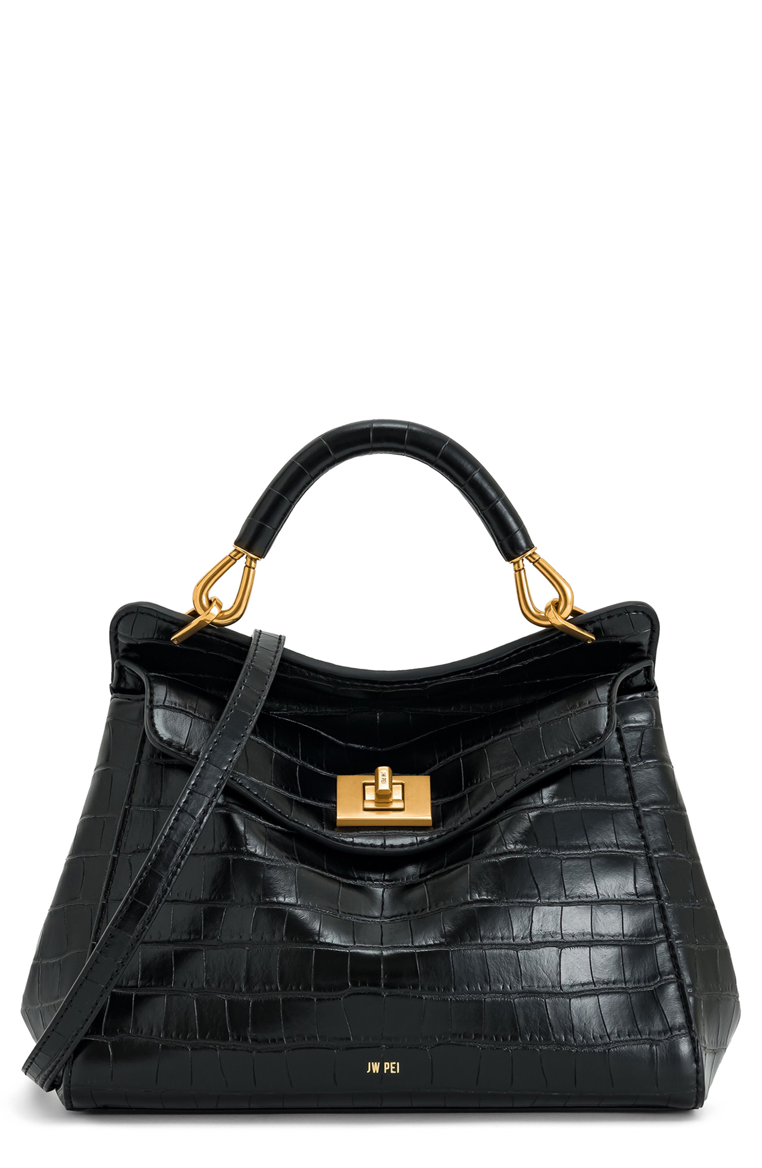 JW PEI Lucia Faux Leather Top Handle Bag, Main, color, Black Croc