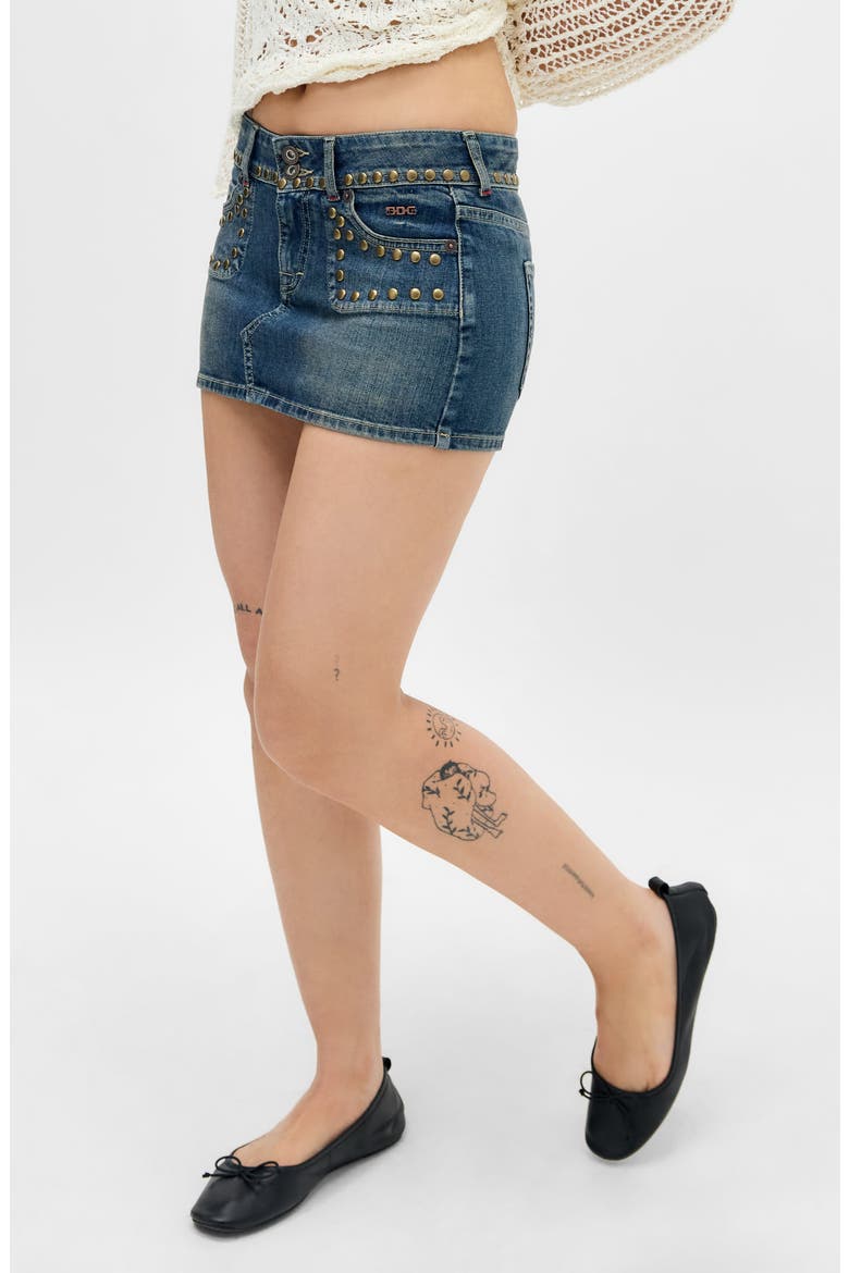 Stud Double Shank Denim Miniskirt, Main, color, DENIM