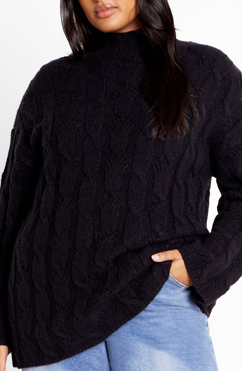 City Chic Iris Mock Neck Cable Knit Sweater, Main, color, Black