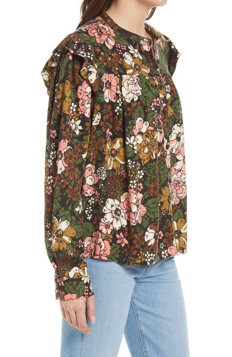 Treasure & Bond Floral Ruffle Trim Button-Up Shirt, Alternate, color, 