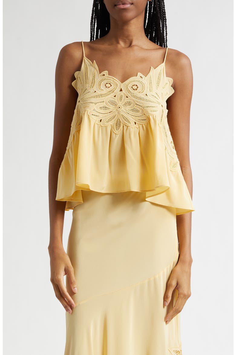 Rosie Lace Appliqué Silk Tank, Main, color, DANDELION