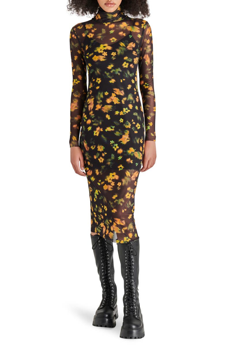 Steve Madden Vivienne Floral Print Turtleneck Mesh Midi Dress, Main, color, 