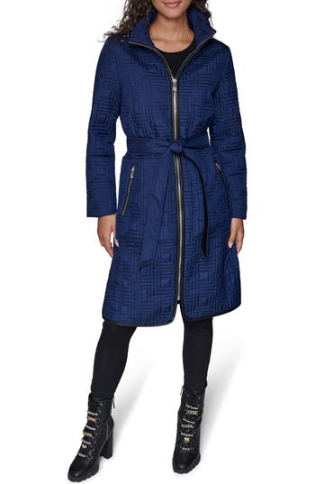 Karl Lagerfeld Paris Hooded Belted Quilted Zip Jacket In Blue