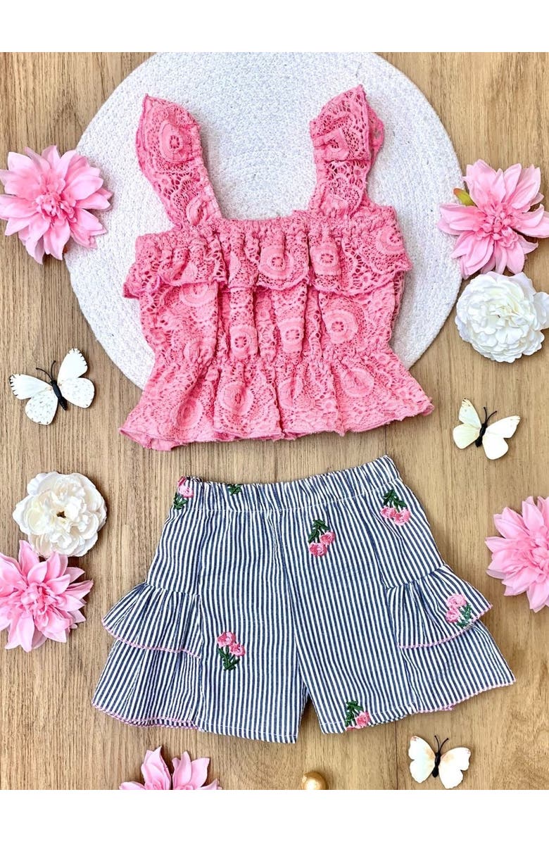 Mia Belle Girls Girls Coastal Florals Lace Top and Ruffle Shorts Set, Alternate, color, Pink