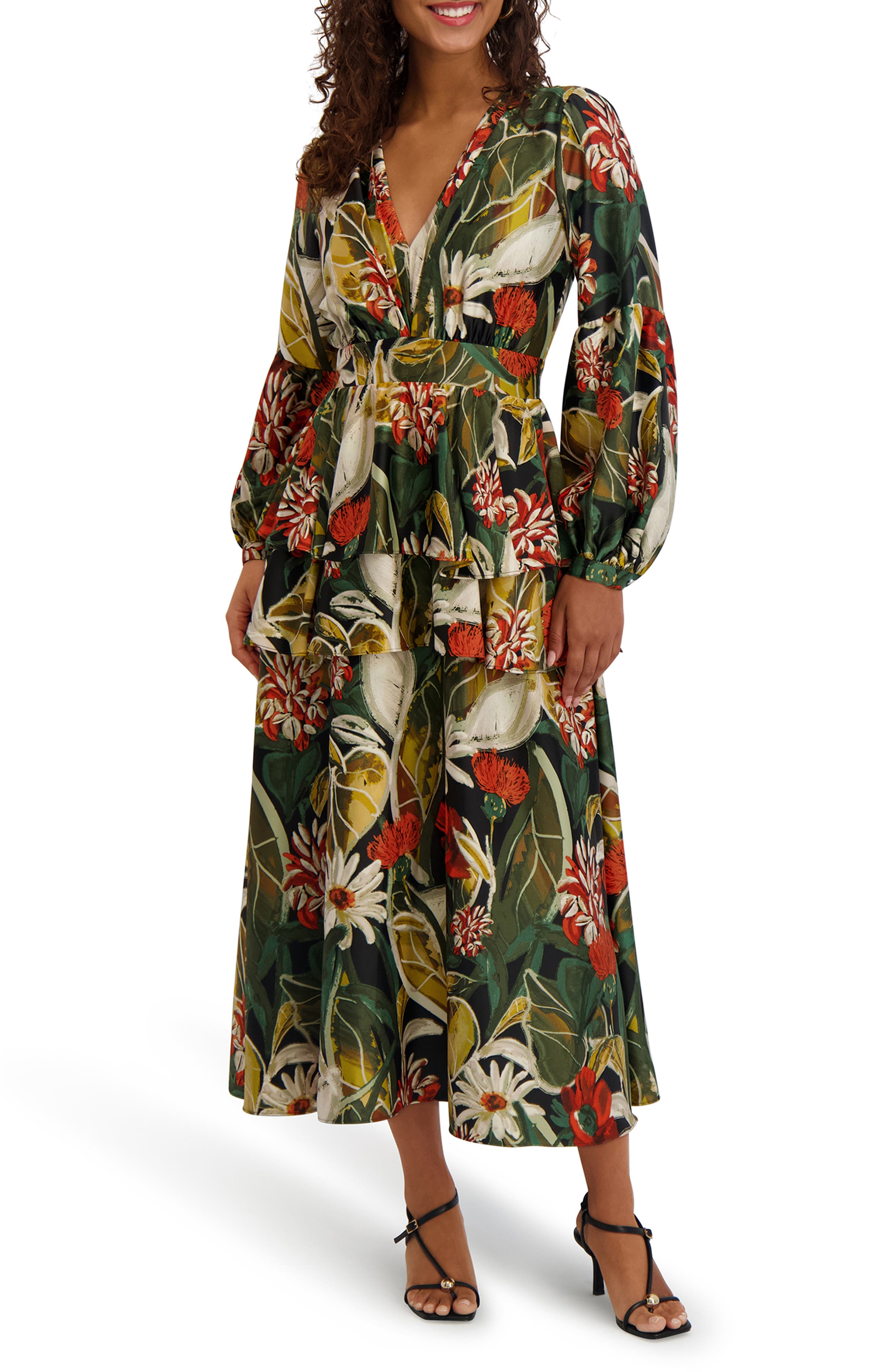Floral Long Sleeve Tiered Satin Maxi Dress