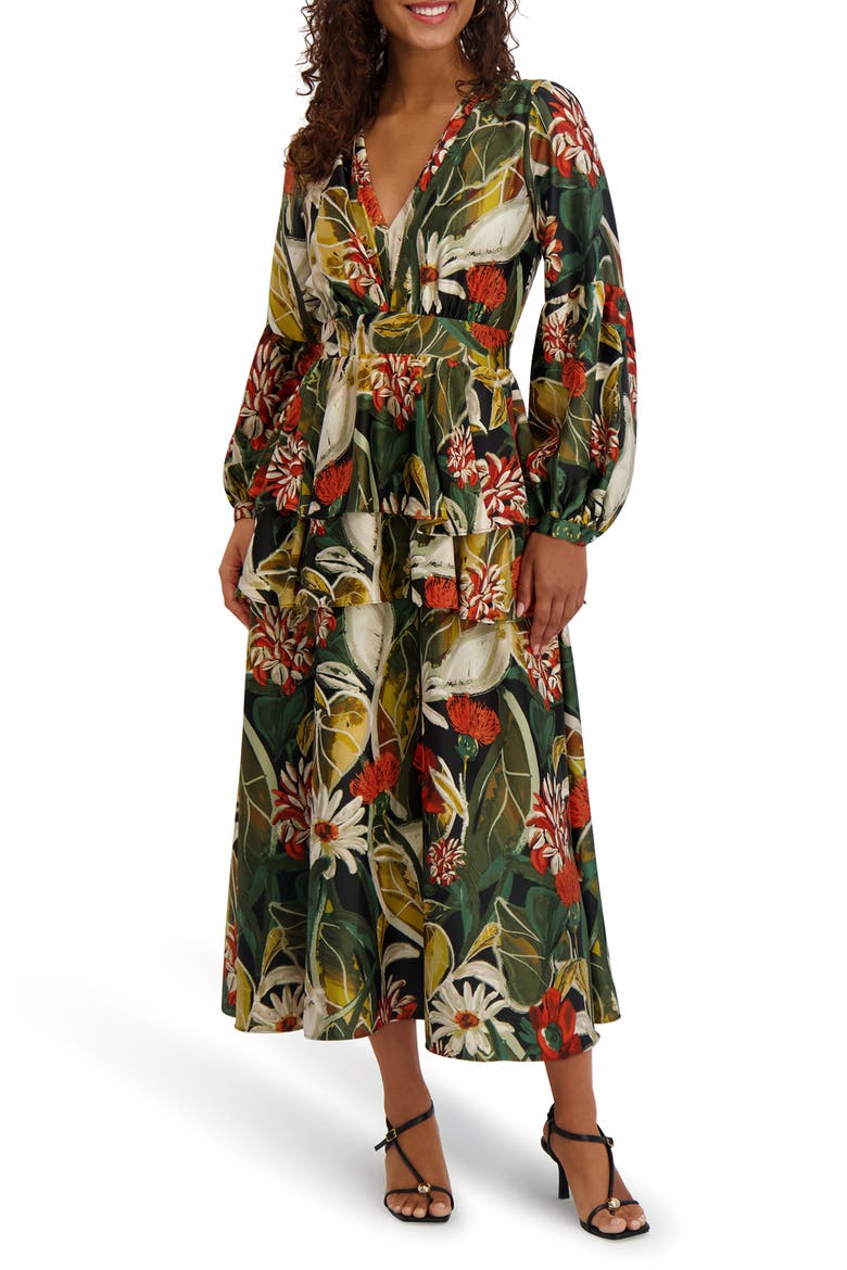 Floral Long Sleeve Tiered Satin Maxi Dress, Main, color, BLACK MULTI
