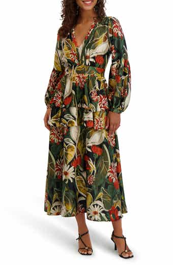 Floral Long Sleeve Tiered Satin Maxi Dress