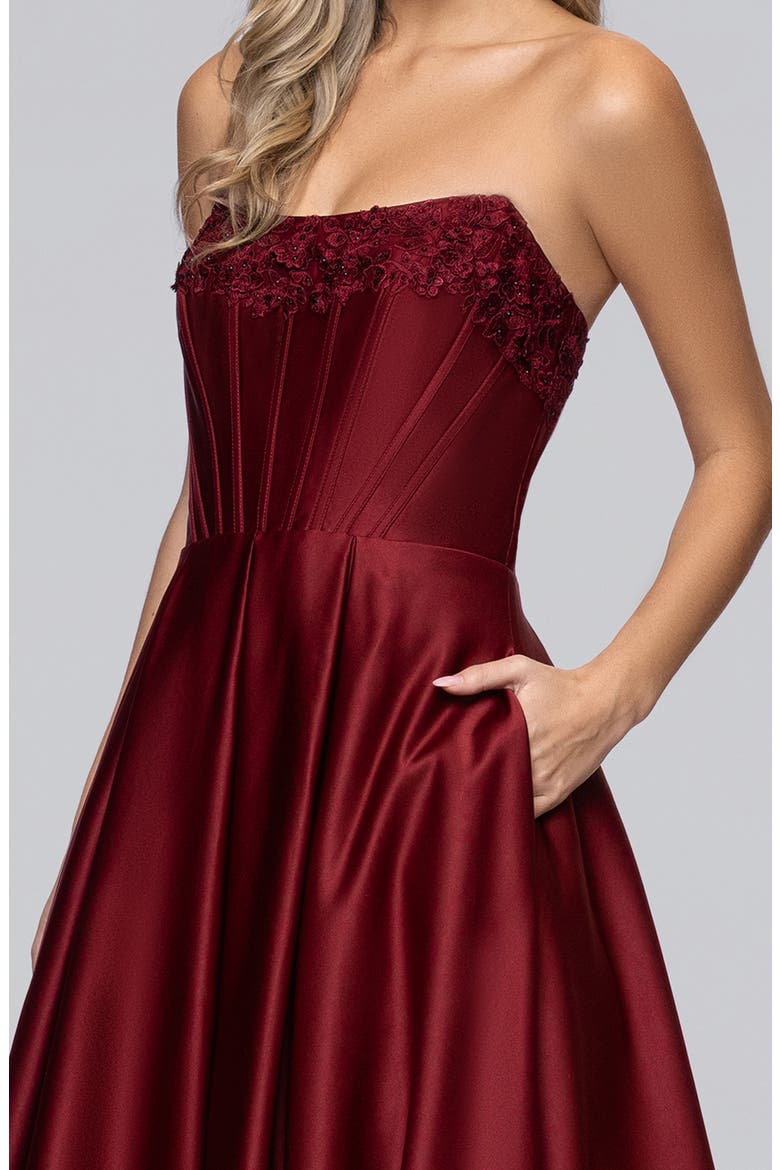 Lam Corset Strapless Satin Gown, Alternate, color, WINE