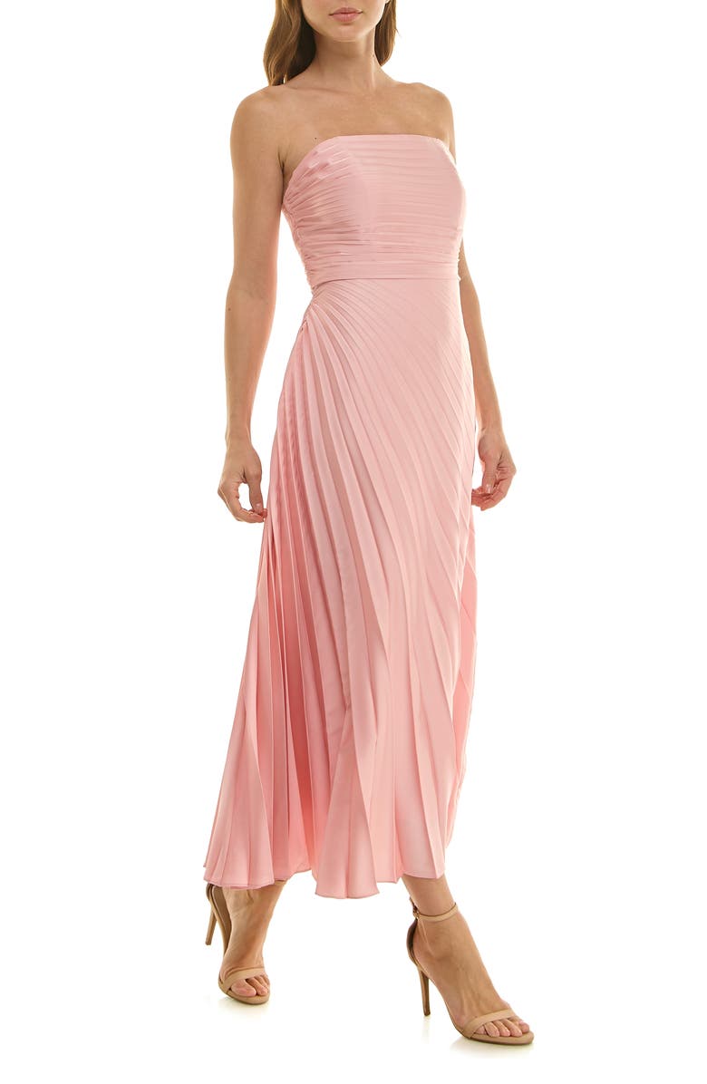 Nicole Miller Pleated Strapless Satin Cocktail Dress, Alternate, color, Crystal Rose