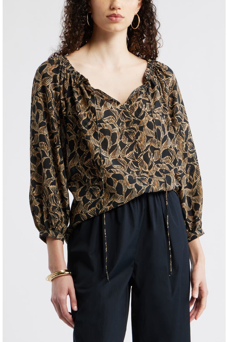Ruffle Neck Tie Front Top, Main, color, BLACK- TAN LEAF GLOBAL