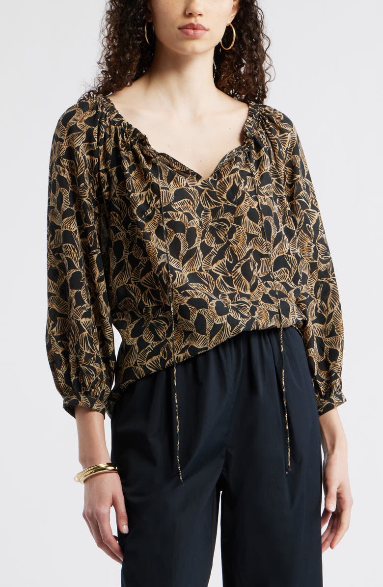 Nordstrom Ruffle Neck Tie Front Top, Main, color, Black- Tan Leaf Global