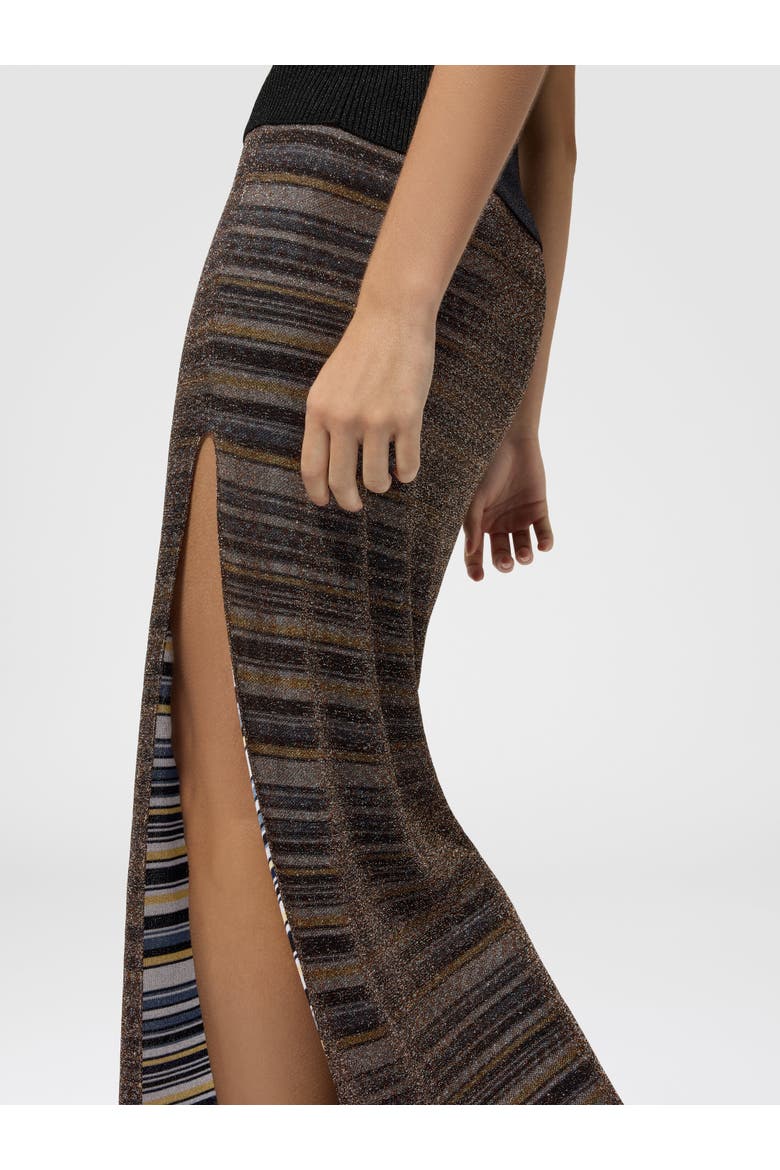 Long Skirt In Striped Viscose Lamé With Slit, Alternate, color, Gold& Beige