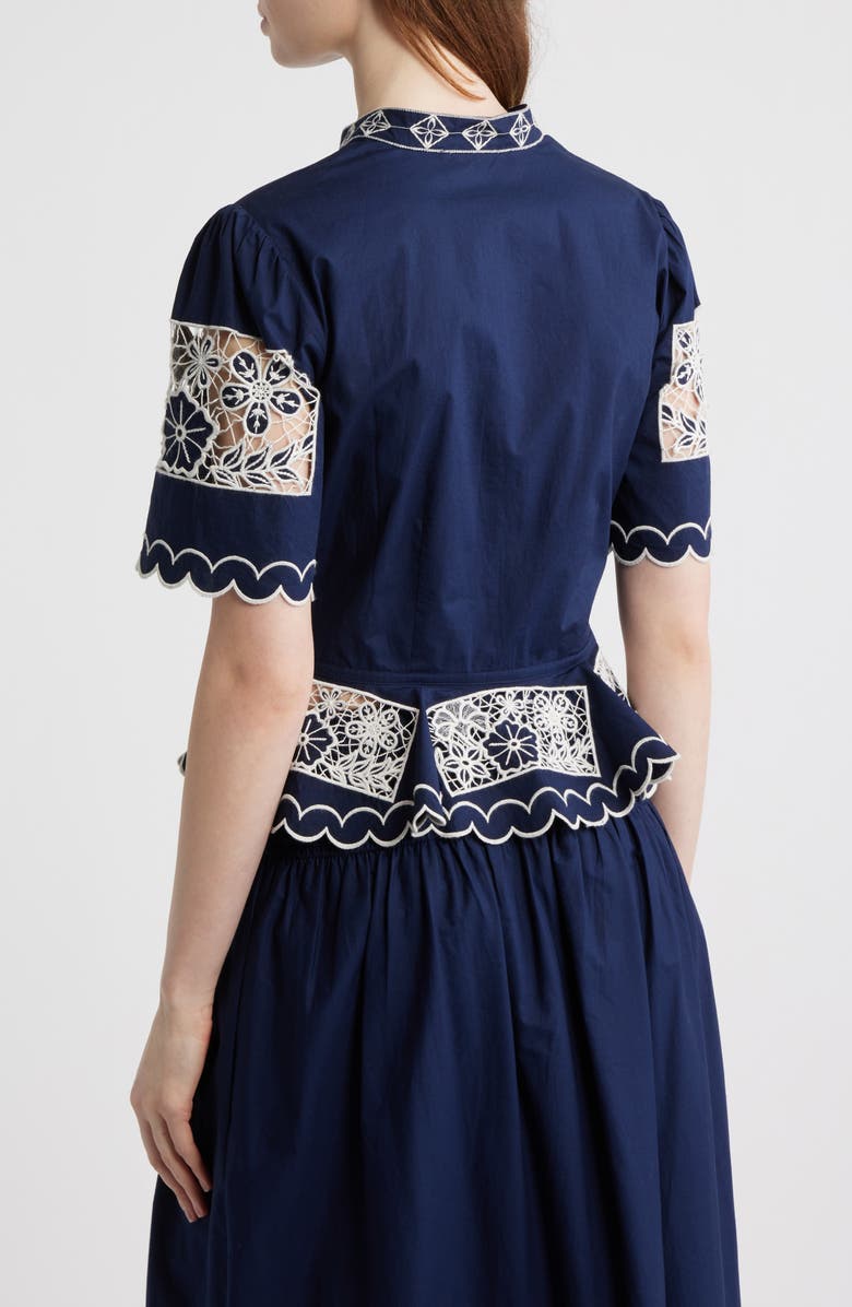 LOVE THE LABEL Elizabeth Embroidered Peplum Top, Alternate, color, Navy W White Embroidery