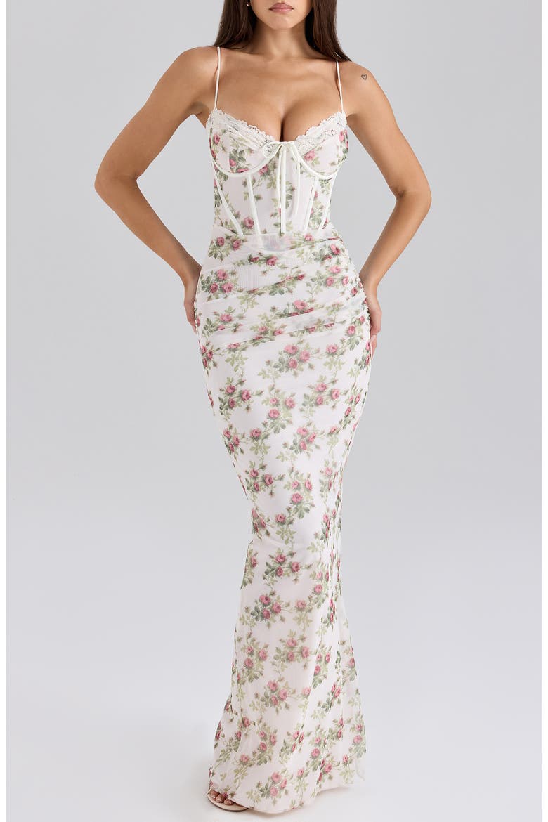 Calista Stretch Mesh Body-Con Cocktail Dress, Main, color, TRAILING ROSES CREAM