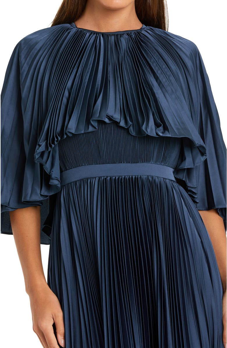 Mac Duggal Pleated Capelet Tea-Length Dress, Alternate, color, Midnight