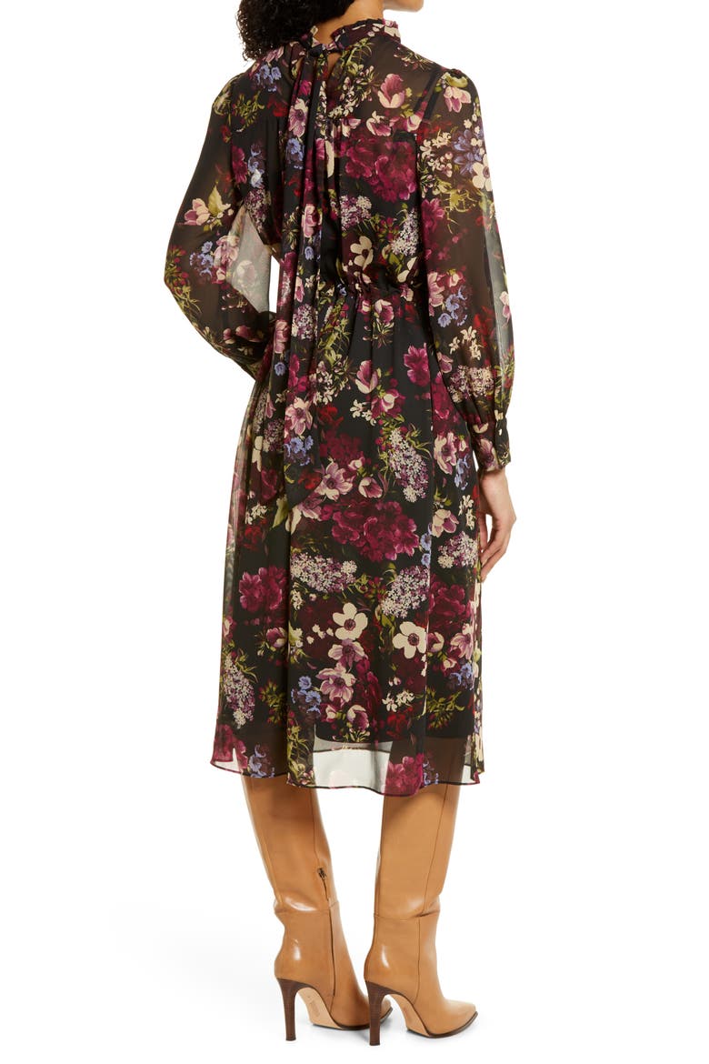 Floral Long Sleeve A-Line Dress, Alternate, color, BLACK MULTI