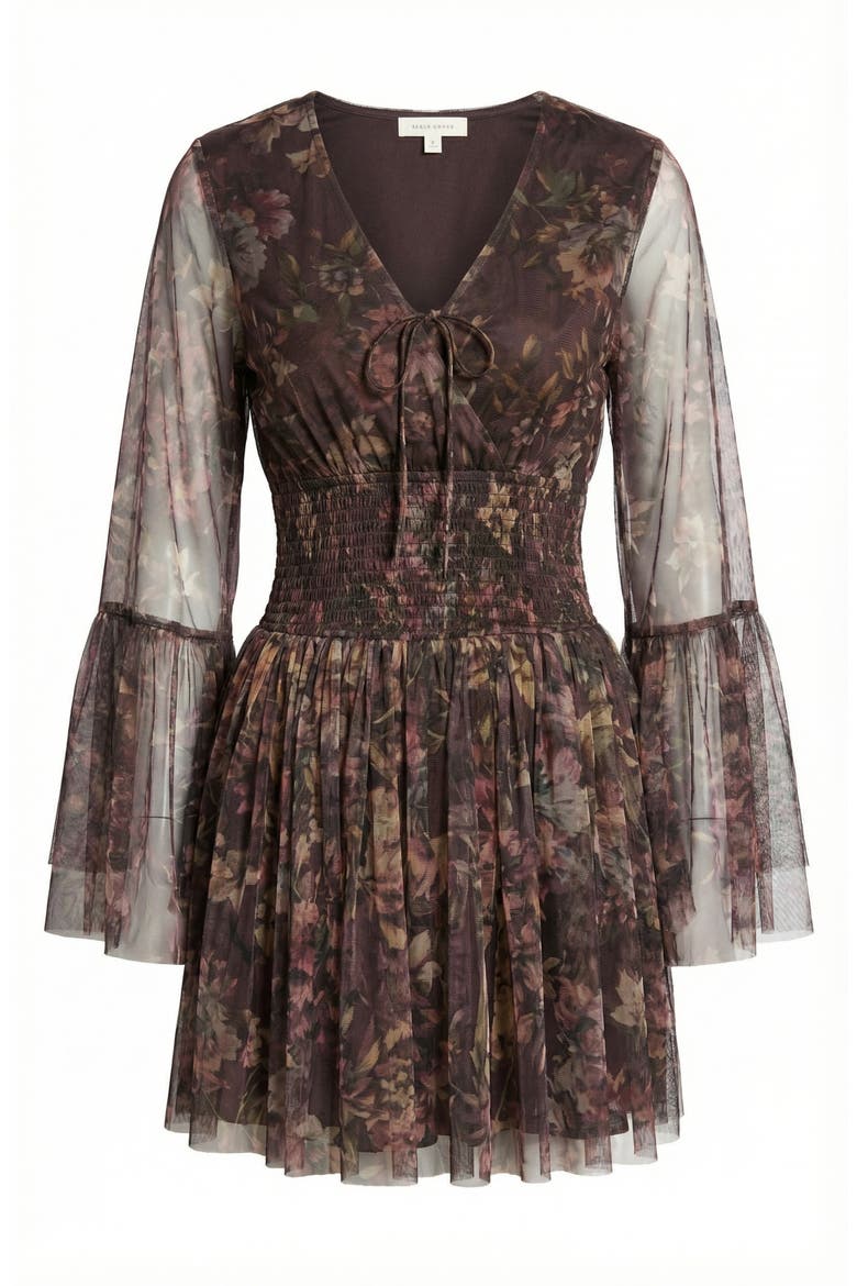 Floral Long Sleeve Mini Dress with Smocked Waist and Flared Skirt, Alternate, color, Brown Floral