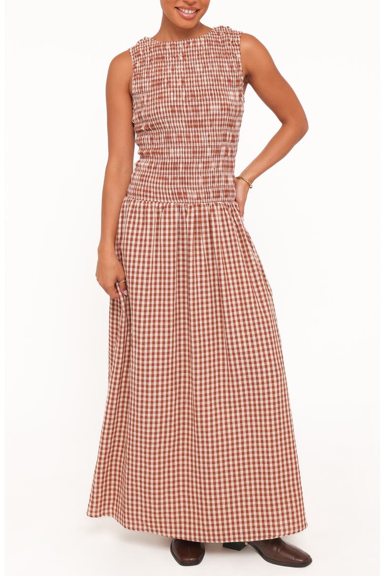 Maleny Gingham Smocked Maxi Dress, Main, color, BROWN GINGHAM