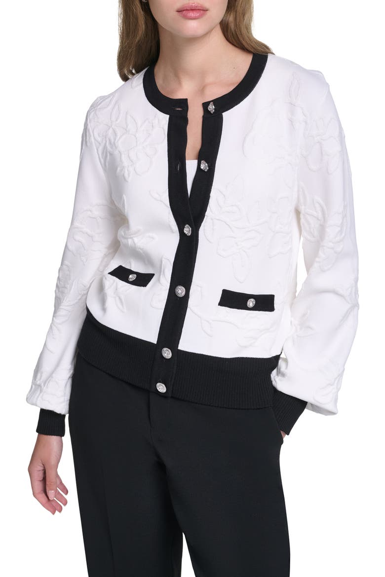 Jacquard Pattern Crewneck Cardigan, Main, color, SOFT WHITE/ BLACK