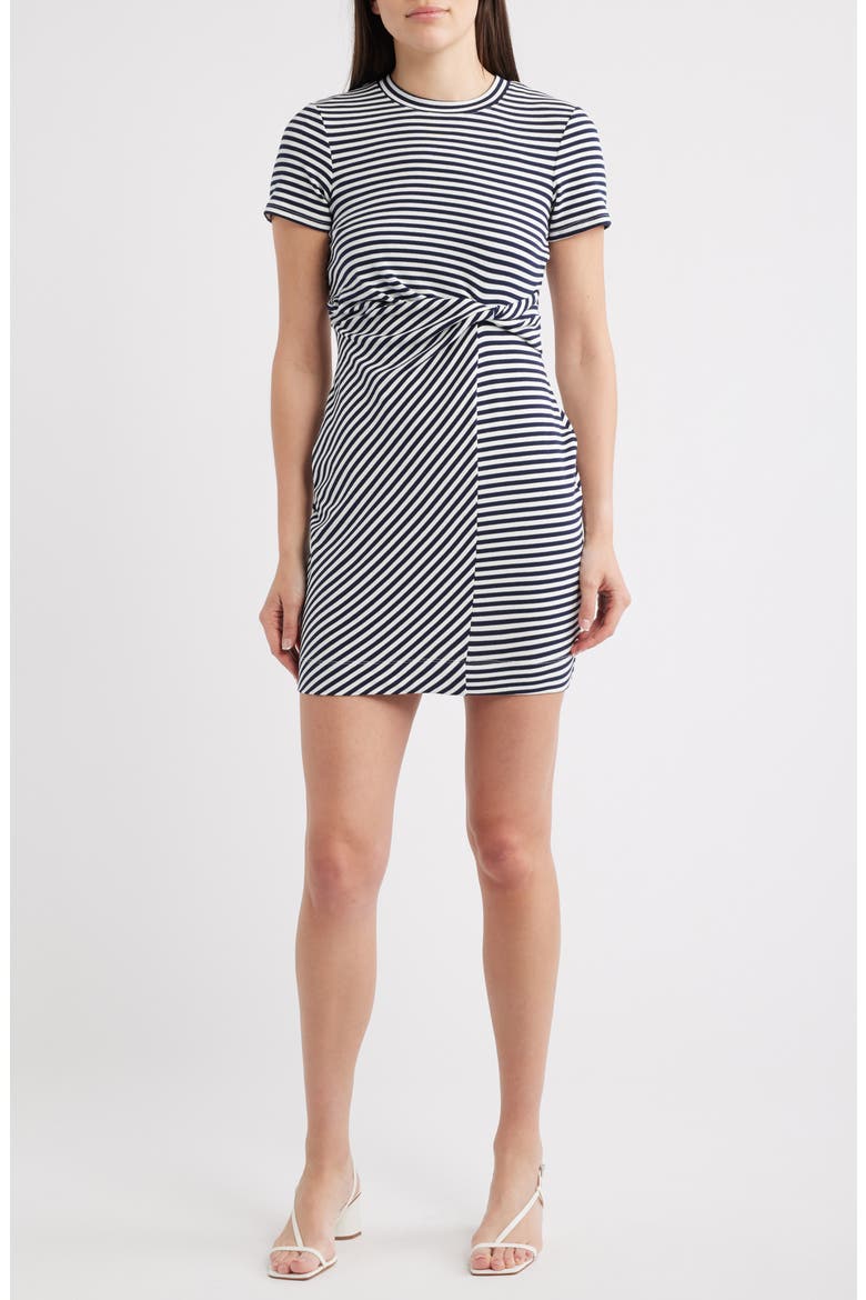 Striped Twist Detail Stretch Cotton T-Shirt Dress, Main, color, CLASSIC NAVY