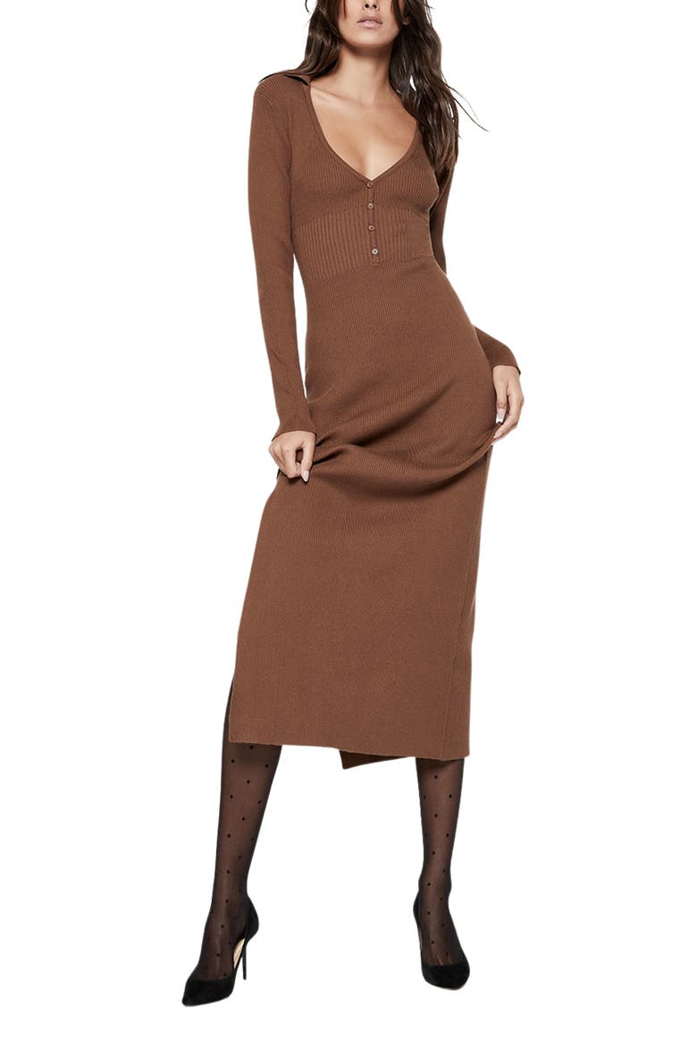 Button Long Sleeve Rib Sweater Dress, Main, color, CHOCOLATE
