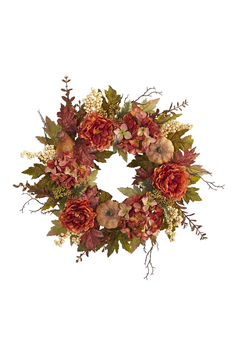 Hydrangea & Pumpkin Wreath, Main, color, ORANGE