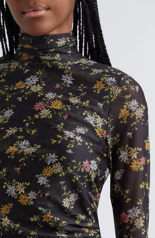Cinq À Sept Floating Daisies Shirred Mesh Mock Neck Top In Black Multi