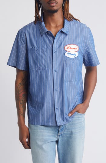 Pinstripe Short Sleeve Button-Up Work Shirt