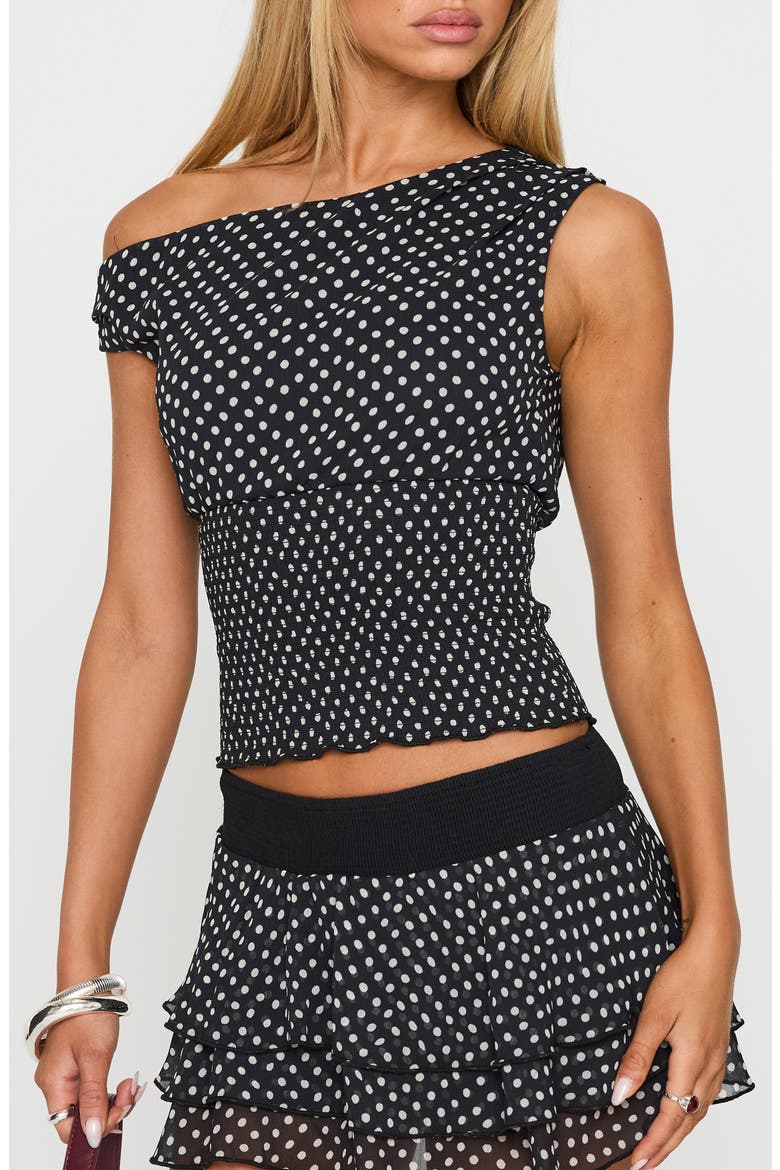 Ready To Party One-Shoulder Polka Dot Top, Main, color, BLACK POLKA