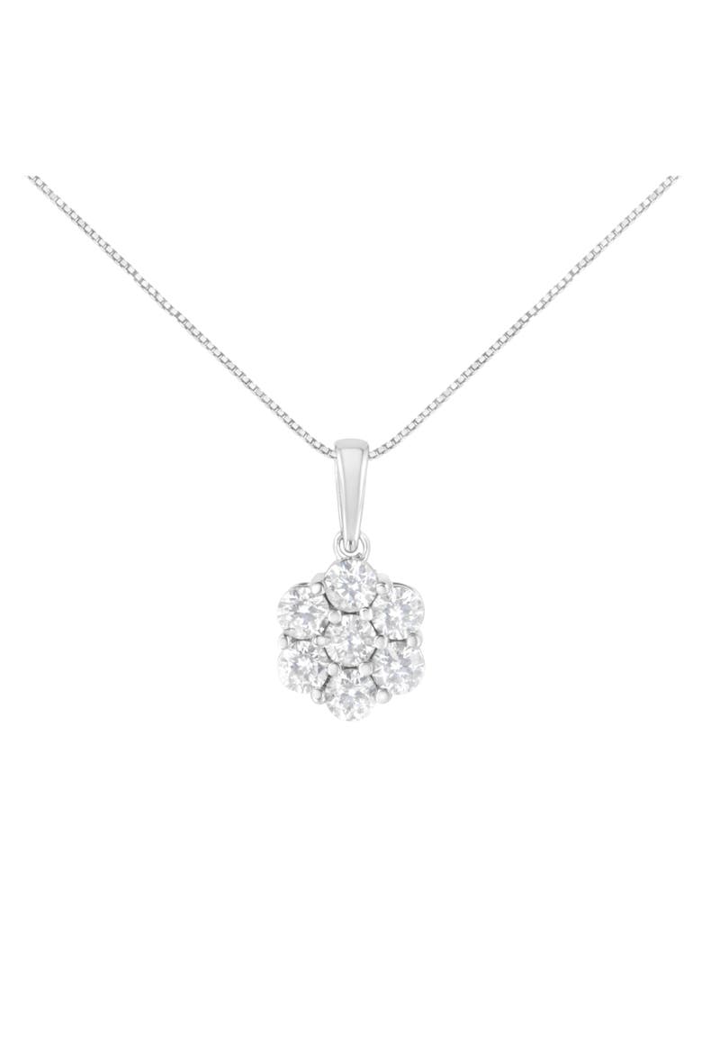 14K White Gold 2.00 Cttw Brilliant Diamond 7 Stone Flower Cluster Pendant Necklace, Main, color, White
