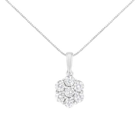 14K White Gold 2.00 Cttw Brilliant Diamond 7 Stone Flower Cluster Pendant Necklace