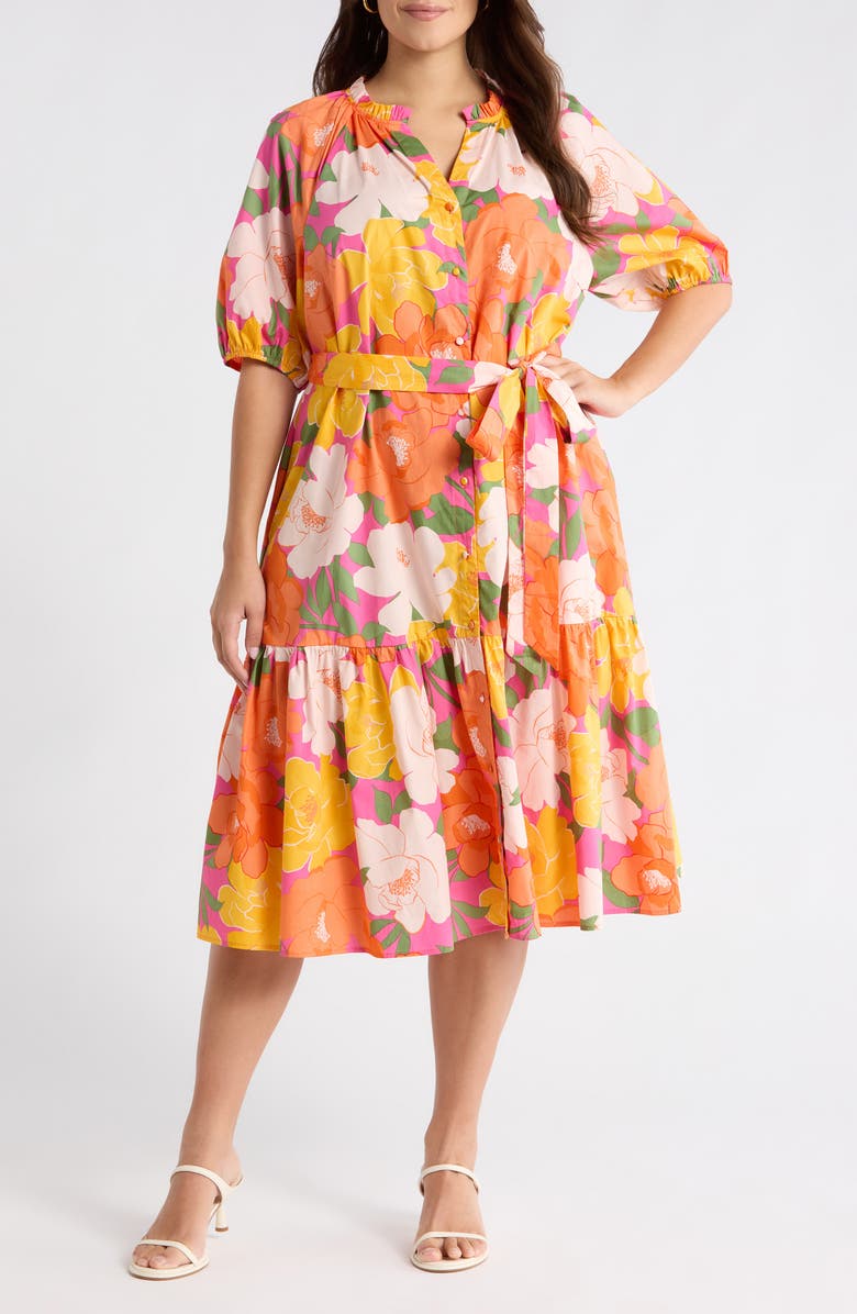SUGARLIPS Milley Floral Wynette Tiered Midi Dress, Main, color, Pink-Org-Mul