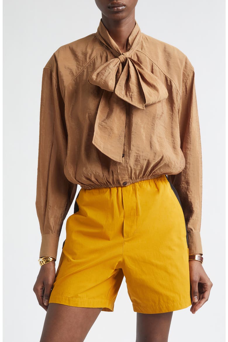 Gathered Taffeta Tie Neck Top, Main, color, CARAMEL