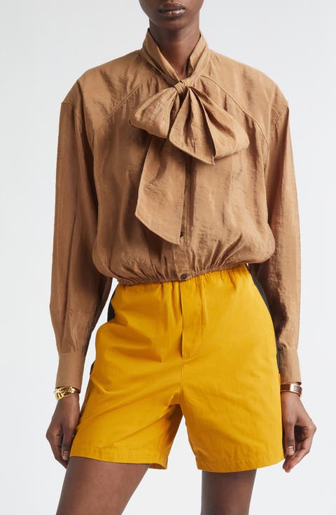 Gathered Taffeta Tie Neck Top