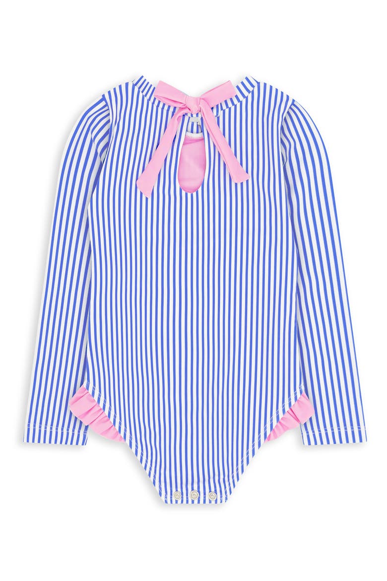 Kids' Stripe Ruffle Long Sleeve UPF 50+ One-Piece Rashguard Swimsuit, Alternate, color, MARINA BLUE