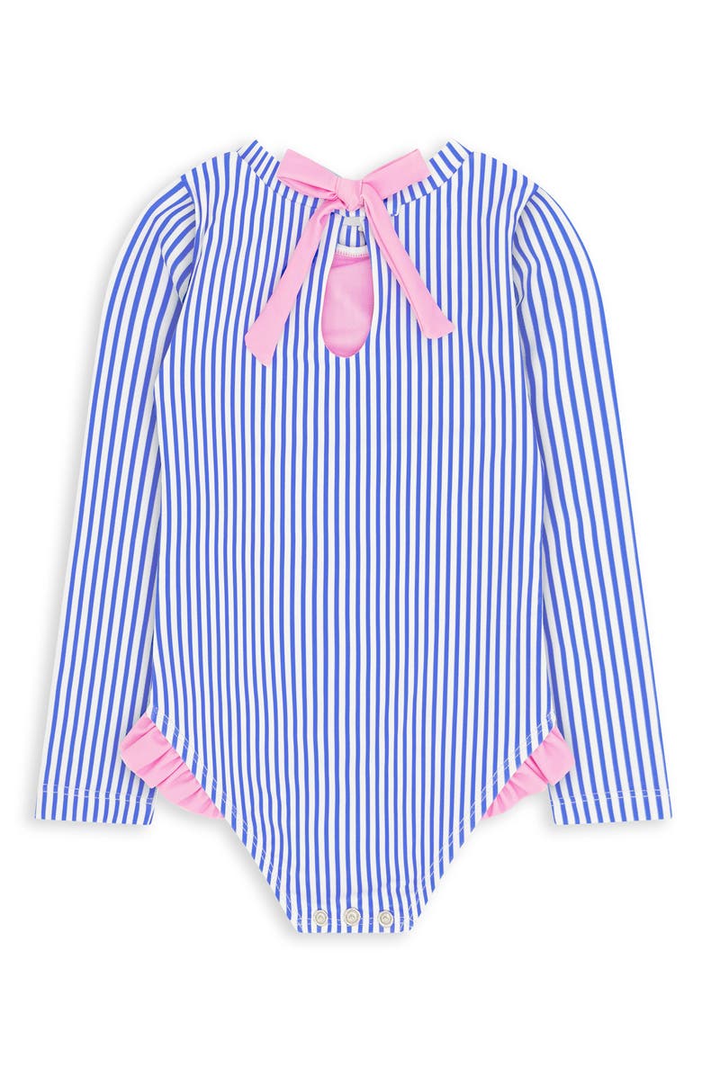 Feather 4 Arrow Kids' Stripe Ruffle Long Sleeve UPF 50+ One-Piece Rashguard Swimsuit, Alternate, color, Marina Blue