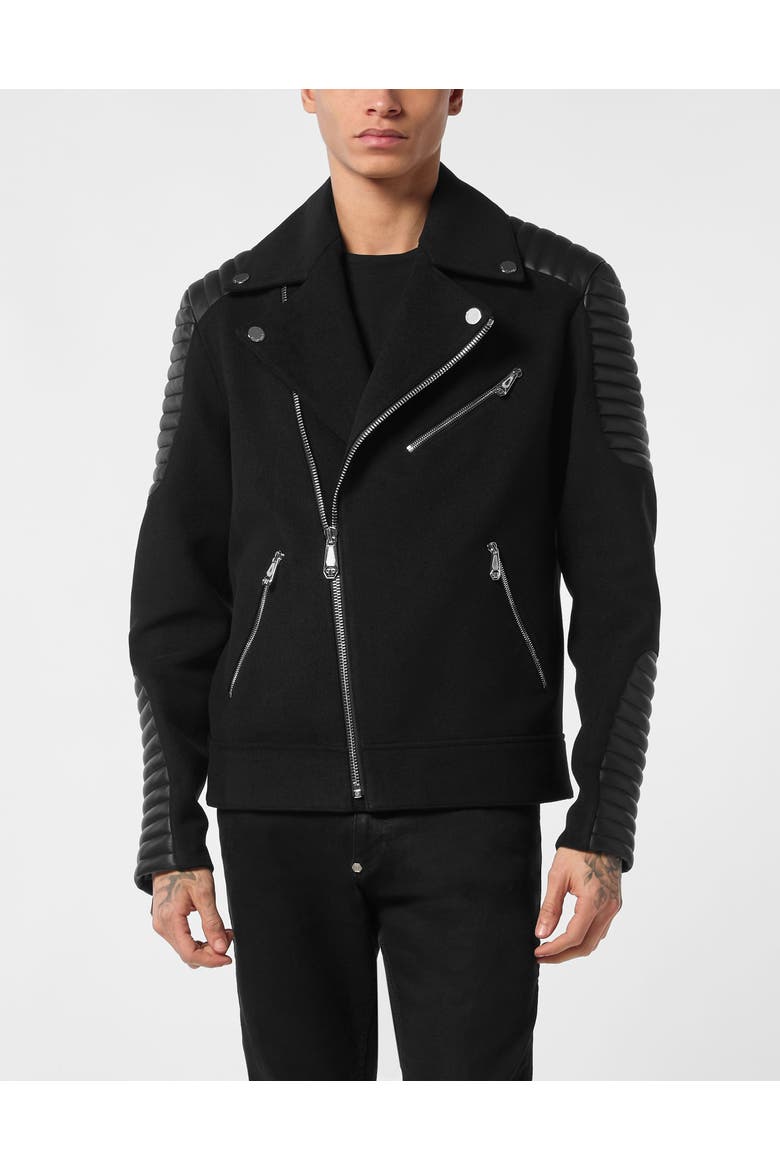 Wool Biker Jacket With Leather Inserts Men, Main, color, black